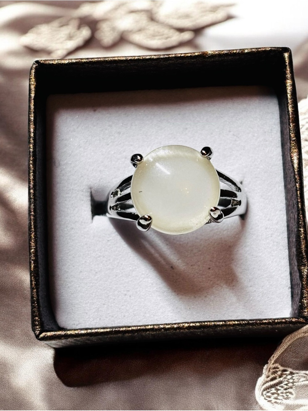 White Cabochon Round Silver Tone Statement Ring 7